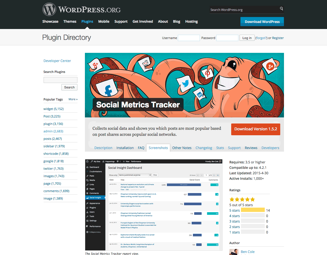 WordPress plugin web page for the Social Metrics Tracker